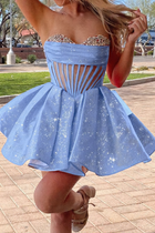 Rhinestone A-Line Satin Homecoming Dress — Pleated