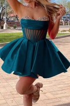 Rhinestone A-Line Satin Homecoming Dress — Pleated