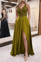 A-Line Satin Prom Dress — V-Neckline