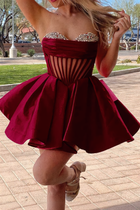 Rhinestone A-Line Satin Homecoming Dress — Pleated