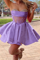 Rhinestone A-Line Satin Homecoming Dress — Pleated
