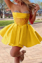 Rhinestone A-Line Satin Homecoming Dress — Pleated
