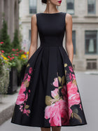 Black Floral A-Line Midi Cocktail Dress