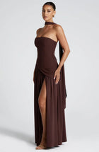 Corset Bustier Maxi Dress with Scarf Detail and High Slit