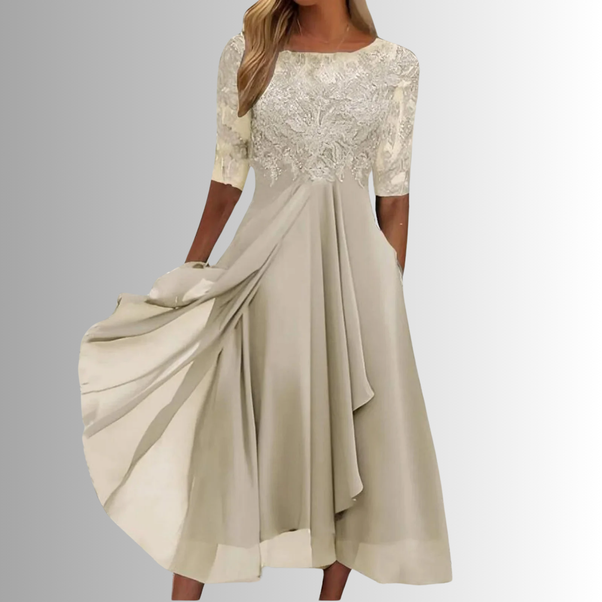 Lace and Mesh Midi Dress with Back Zipper