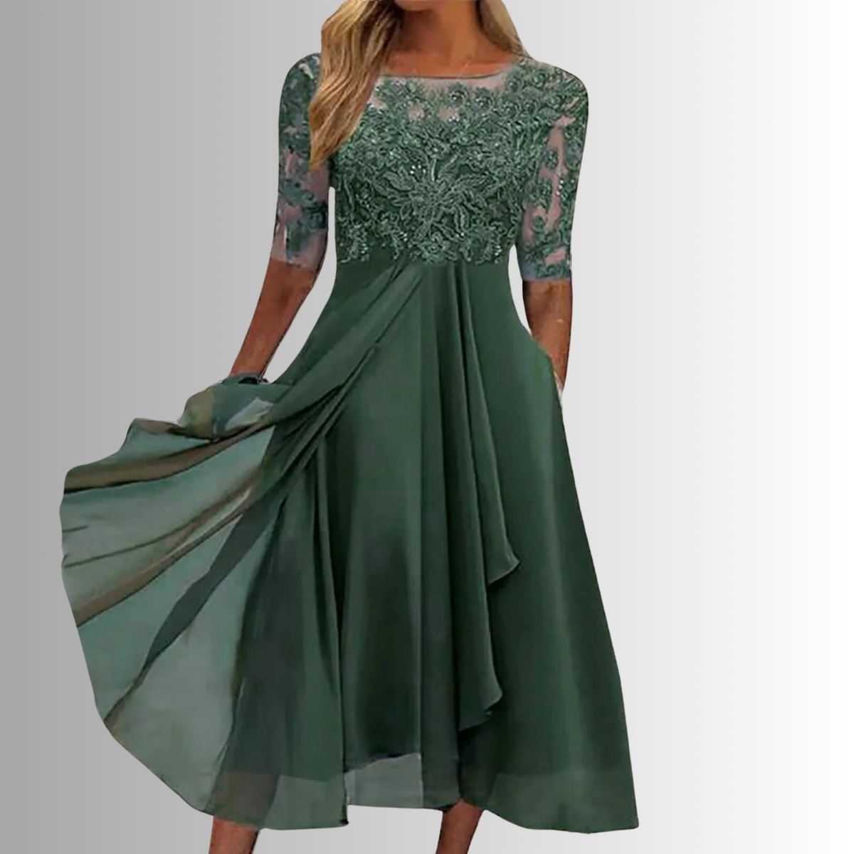Lace and Mesh Midi Dress with Back Zipper