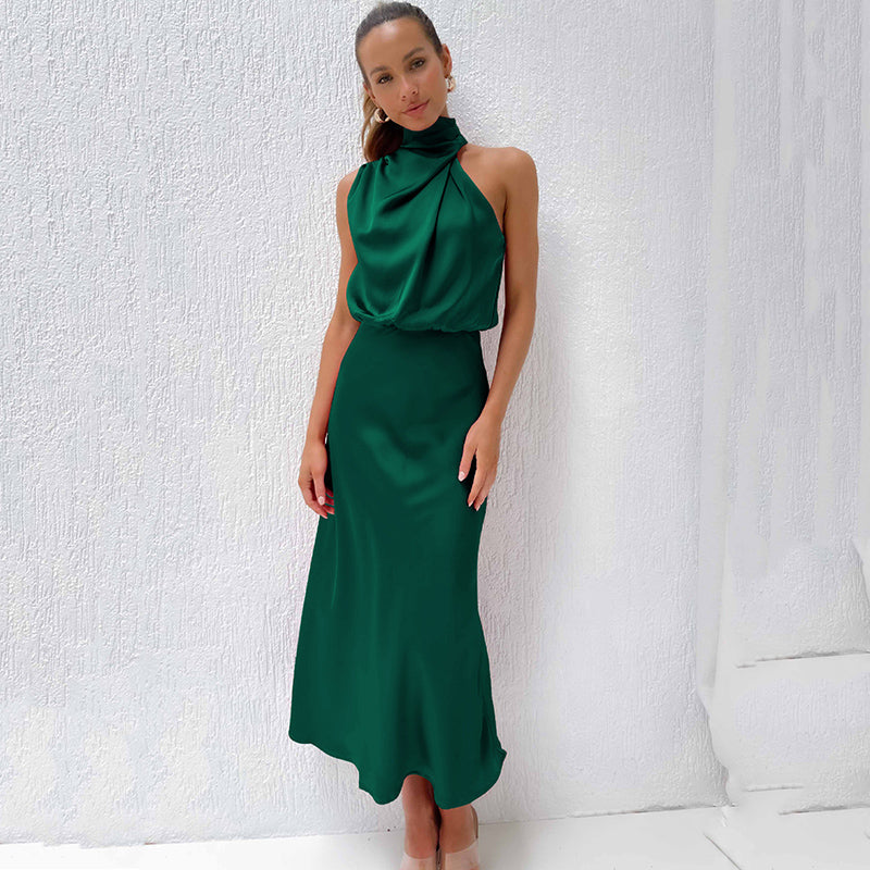 Satin Halter Midi Dress with Draped Bodice